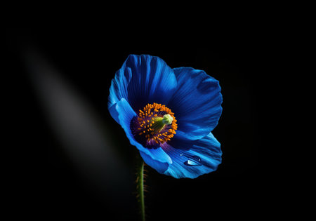 A stunning electric blue poppy flower with an orange center and a glistening water droplet on its delicate petal, showcasing natural beauty and fragility.の素材