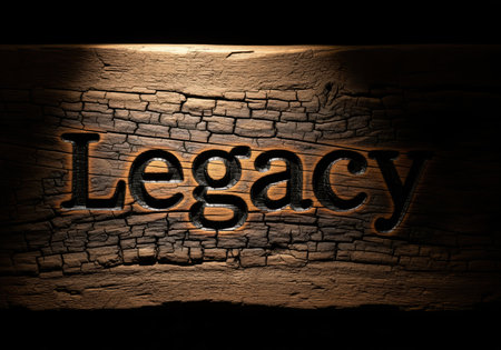 The word legacy is deeply carved into a textured, dark burnt wood surface, illuminated by dramatic light. this powerful visual represents heritage, history, and lasting impact.の素材