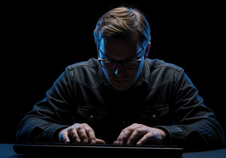 A male programmer or hacker is shown typing on a keyboard in a dimly lit environment, with a strong blue light highlighting his face and hands. this image is ideal for illustrating themes of technology, data security, or dedicated digital work.の素材