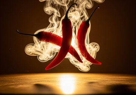 Three bright red chili peppers are dramatically presented amidst swirling white smoke, suggesting intense heat and flavor. this image is perfect for culinary themes or spicy food promotions.の素材