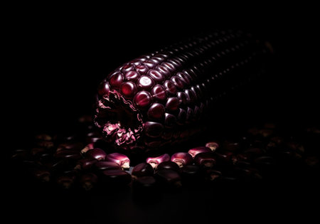 A striking close up of a deep purple corn cob with scattered kernels, highlighting its unique color and texture. ideal for food, agriculture, or healthy eating concepts.の素材