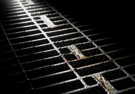 A dramatic low key close up of dark industrial steel grating, showcasing its gritty texture and worn surface. ideal for industrial, grunge, or abstract design backgrounds.の素材