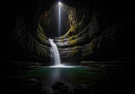 A breathtaking subterranean cave features a powerful waterfall cascading into a serene grotto pool. a single, bright beam of light pierces the darkness, creating a mystical and awe inspiring natural wonder.の素材