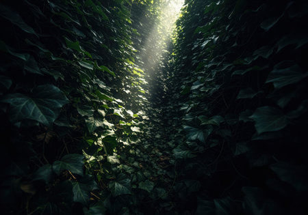 A dramatic ray of sunlight pierces through a dense thicket of dark green ivy leaves, creating a mysterious and organic natural background. ideal for themes of nature, growth, or hidden beauty.の素材