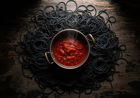 An overhead view of dramatic black squid ink spaghetti surrounding a pot of hot, steaming red tomato sauce, perfect for a gourmet italian food concept.の素材