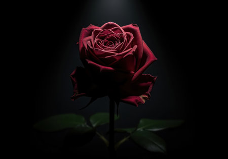 A single dark red rose is dramatically lit, showcasing its delicate petals and deep color. ideal for themes of romance, passion, or melancholy.の素材