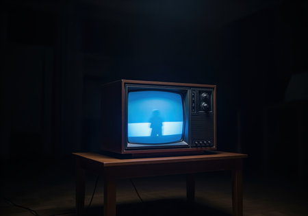 A retro wooden television set sits on a table, its blue screen glowing brightly and displaying a mysterious silhouette. this image evokes nostalgia, suspense, and old media themes.の素材