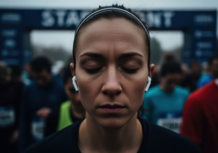 Close up of a focused female runner with wireless earbuds, eyes closed in deep concentration at the starting line of a marathon. she is mentally preparing for the race ahead, embodying determination and athletic readiness.の素材