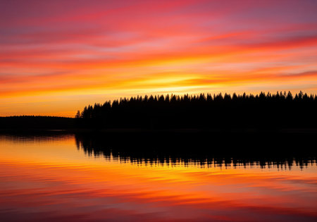 A breathtaking sunset paints the sky with intense orange, magenta, and gold hues, beautifully reflected on the calm lake surface, silhouetting a dense forest line.の素材