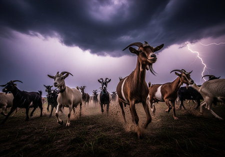 A dynamic low angle shot captures a herd of goats running through a muddy field, kicked up dirt and dramatic lightning illuminating the stormy sky, conveying urgency and wild energy.の素材