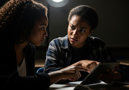 Two serious african american students collaborate on a digital tablet during a late night study session. their expressions convey deep focus and concentration, highlighting teamwork and problem solving.の素材