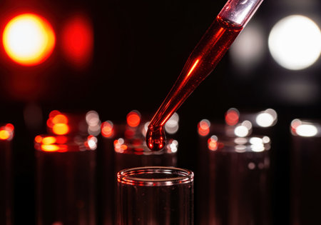 A vivid red liquid precisely drips from a glass pipette into a test tube, highlighting a critical moment in a scientific experiment or chemical analysis. ideal for medical and research themes.の素材