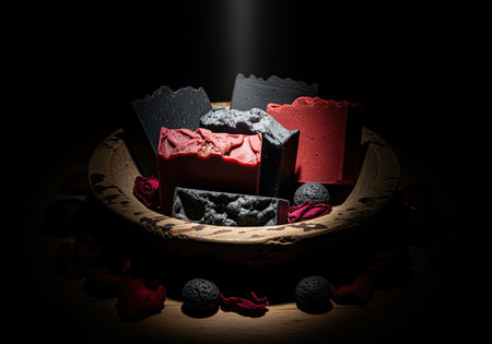 A collection of handcrafted charcoal and crimson clay soap bars are artfully arranged in a rustic wooden bowl, highlighted by dramatic low key lighting. ideal for beauty, spa, or natural product promotions.の素材