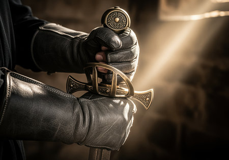 A close up view of gloved hands holding an intricately designed sword hilt, bathed in dramatic light, evoking strength and historical adventure.の素材