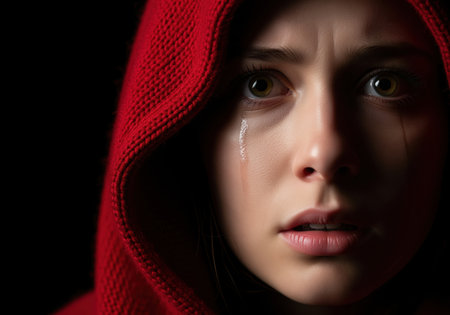 A close up portrait captures a young woman in a red hood, her face etched with sorrow as tears stream down her cheeks. the dramatic lighting emphasizes her profound emotional distress and vulnerability.の素材
