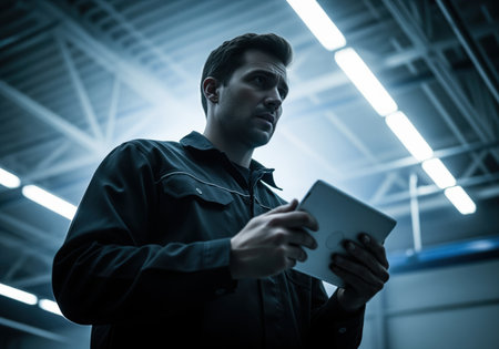 A focused engineer or mechanic uses a digital tablet for inspection or diagnostics in a modern industrial environment. this image is suitable for technology, industry, and workforce themes.の素材