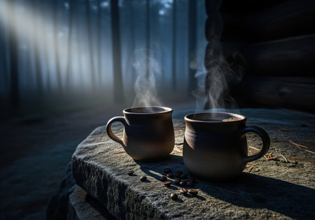 Two rustic stoneware mugs filled with steaming dark coffee sit on a rough stone surface, evoking a cozy, moody atmosphere in a forest setting. perfect for themes of comfort, nature, and morning rituals.の素材