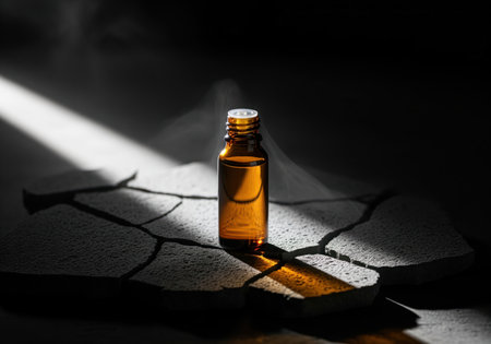 An open amber glass bottle filled with essential oil stands on broken stone slabs, illuminated by a dramatic beam of light. ideal for wellness, beauty, or natural product themes.の素材