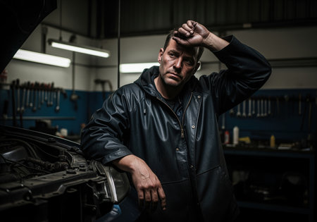 A serious and weary auto mechanic leans against a car fender in a dimly lit service bay, wiping sweat from his brow after a long day of work. this image conveys hard work and dedication.の素材