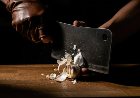 A gloved hand forcefully smashes fresh garlic cloves with a large, rustic cleaver on a wooden cutting board, highlighting food preparation and cooking.の素材