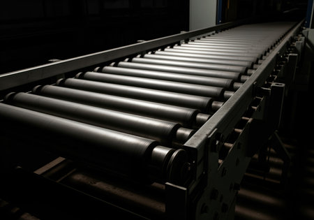 An empty industrial roller conveyor belt stretches into the distance, dramatically illuminated by a single side light, creating high contrast. ideal for themes of manufacturing, logistics, and automation.の素材