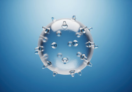 A detailed transparent spiky sphere, resembling a virus or micro capsule, ideal for illustrating biological, medical, or scientific concepts. its clear, glass like structure conveys precision and innovation.の素材
