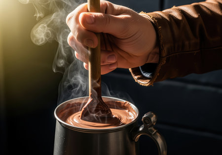 A hand vigorously stirs thick, steaming hot chocolate in an antique pewter tankard with a wooden spoon, highlighting warmth and comfort. perfect for food blogs or cozy beverage promotions.の素材