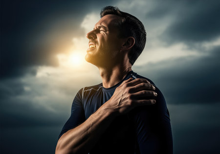 A young man clutches his shoulder, grimacing in intense pain from an injury or muscle strain. this image conveys discomfort, physical suffering, and the need for relief.の素材