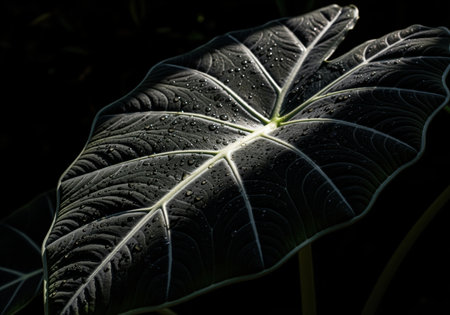 An intense close up of a black velvet alocasia leaf, showcasing its rich, velvety texture and striking dark coloration with glistening water droplets. this botanical beauty is perfect for nature and garden themes.の素材
