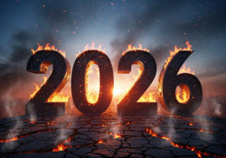 The year 2026 is shown as large, burning numbers on a cracked, smoldering landscape. this powerful image conveys themes of crisis, transformation, and significant global events.の素材