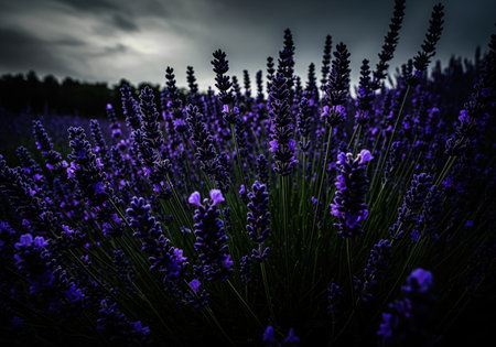 A vibrant field of deep indigo lavender blossoms stands out against a dark, overcast sky. the rich purple hues are intensified by the dramatic natural light, evoking a serene yet moody atmosphere.の素材