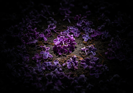 Dark purple lilac blossoms lie scattered on the ground, dramatically lit to highlight their rich color against a moody, low key background. perfect for themes of nature, decay, or solemn beauty.の素材
