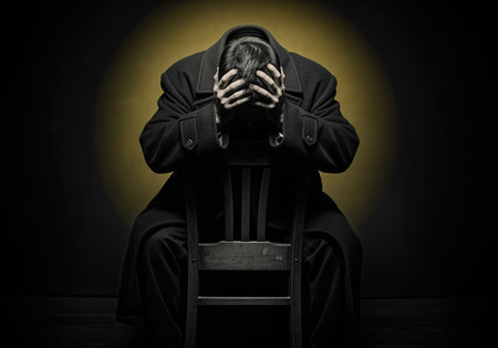 A man in a dark overcoat sits with his head in his hands, expressing profound despair and emotional distress. this powerful image can represent mental health issues, grief, or personal crisis.の素材