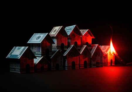 A row of miniature houses crafted from US dollar bills, with one house engulfed in flames, dramatically illustrating concepts of financial risk, economic collapse, and housing market instability.の素材