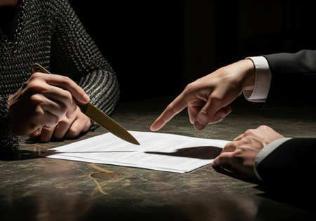 A tense scene unfolds as a hand holds a knife over a legal document, while another hand points to a section, implying coercion or a forced agreement. this image conveys threat and high stakes negotiation.の素材