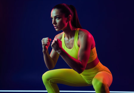 Focused athletic woman in vibrant neon yellow sportswear demonstrates power and determination. her intense expression and squat pose are highlighted by dramatic lighting, perfect for sports and fitness content.の素材