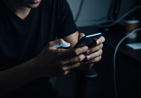 A young person hands are illuminated by the glowing blue screen of a smartphone in a dark room. this image conveys focus, communication, and digital connection late at night.の素材