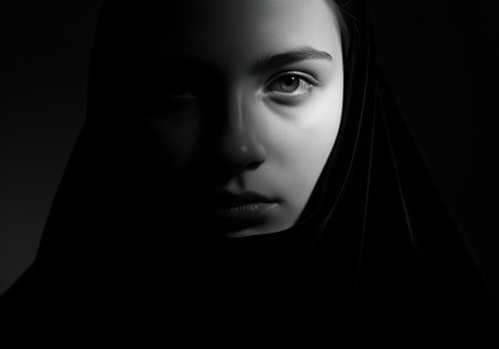 A striking black and white chiaroscuro portrait of a young woman, her face partially veiled in shadow, with one eye intensely lit. this dramatic image conveys mystery and depth, ideal for artistic and emotional themes.の素材