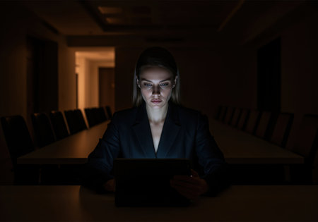 A focused businesswoman works intently on a tablet in a dimly lit conference room. the screen glow illuminates her face, highlighting her concentration on important digital tasks.の素材
