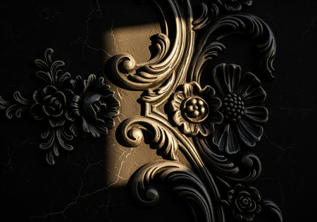 An intensely moody, dramatic close up of a dark pewter colored rococo stucco bas relief, heavily aged with subtle cracks and patinas, illuminated by a golden light.の素材