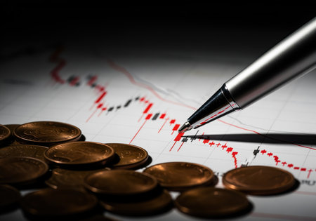 A silver pen points to a volatile red stock market chart, surrounded by scattered coins, symbolizing financial downturn, investment risk, and economic crisis analysis.の素材