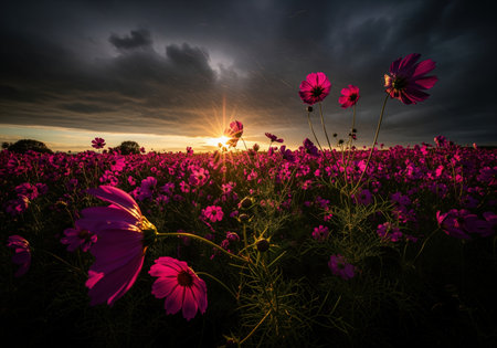 A vibrant field of deep purple cosmos flowers sways gently at sunset, illuminated by a sunburst against a dramatic, stormy sky, hinting at an approaching thunderstorm. ideal for nature and mood driven themes.の素材