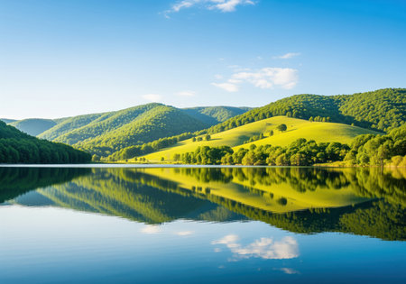 A breathtaking landscape features a calm lake perfectly mirroring verdant hills and a bright blue sky. ideal for nature themes, travel, and environmental concepts.の素材