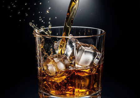 A close up captures golden amber whiskey being poured into a glass filled with ice cubes, creating a dynamic splash. this refreshing scene evokes a sense of luxury and enjoyment, perfect for beverage advertising.の素材