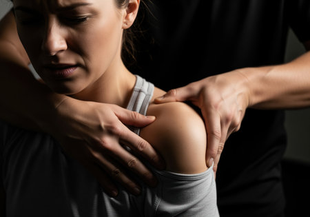 A close up shows a woman in discomfort while a therapist hands gently assess her painful shoulder. it illustrates concepts of injury, therapy, and recovery.の素材
