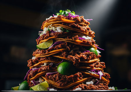 A towering stack of delicious barbacoa street tacos, generously filled with savory meat, fresh cabbage, onions, and lime wedges, creating an appetizing and dramatic food presentation.の素材