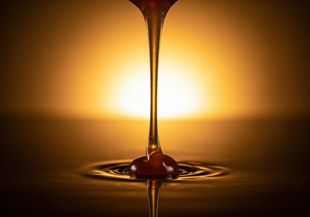 A thick stream of golden caramel sauce drips, forming beautiful ripples on a smooth surface. this rich, viscous liquid is perfect for dessert toppings, sweet treats, and culinary concepts.の素材