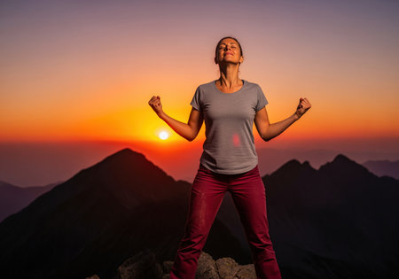 An empowered woman stands triumphantly on a mountain peak at sunset, fists clenched, celebrating her achievement and strength. this image conveys victory and freedom.の素材