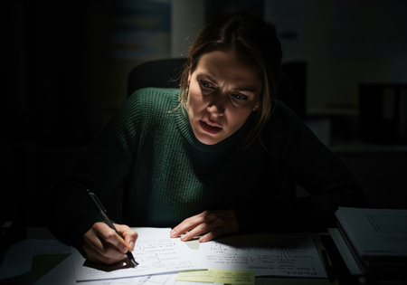 A woman is deeply concentrated, writing on papers at a desk in a dark room. the scene is lit by a focused light, highlighting her intense expression and the documents. this image conveys hard work, study, or problem solving.の素材