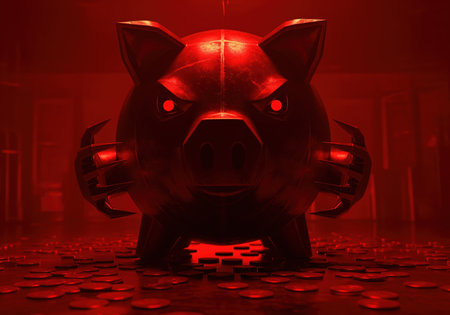 A menacing red piggy bank with glowing eyes and sharp claws stands over a pile of scattered coins, evoking themes of financial danger, greed, or aggressive investment.の素材